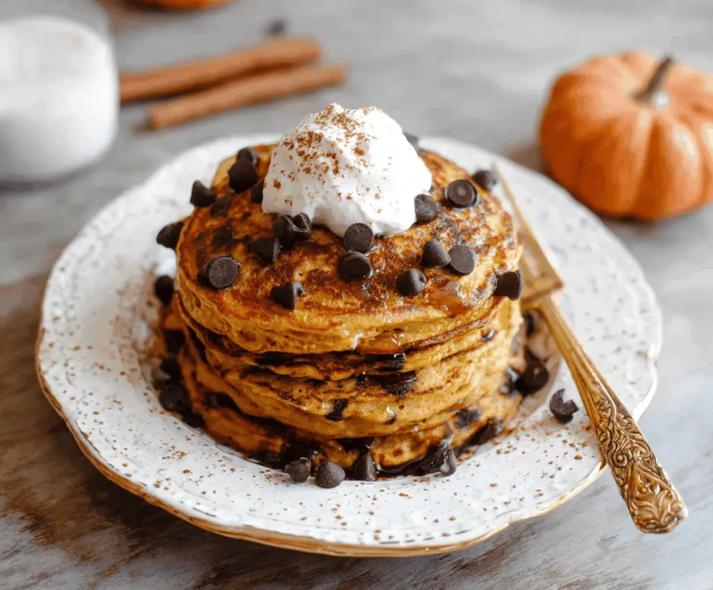 Fluffy spiced pumpkin chocolate chip pancakes topped with whipped cream and cinnamon, served on a plate for a delicious breakfast.