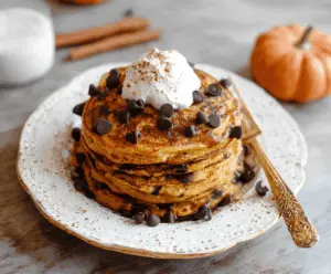 Fluffy spiced pumpkin chocolate chip pancakes topped with whipped cream and cinnamon, served on a plate for a delicious breakfast.
