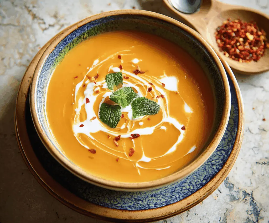 A bowl of creamy Spicy Butternut Squash and Sweet Potato Soup garnished with herbs, served with fresh bread on a rustic wooden table.