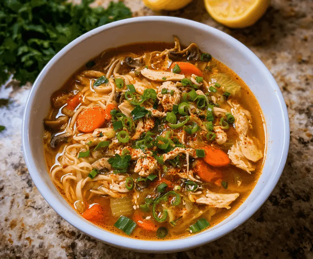 A bowl of spicy chicken noodle soup garnished with fresh herbs, featuring tender chicken, colorful vegetables, and steaming broth, perfect for a flavorful meal.