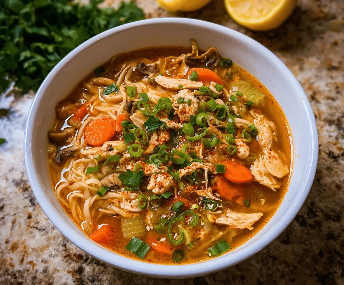 A bowl of spicy chicken noodle soup garnished with fresh herbs, featuring tender chicken, colorful vegetables, and steaming broth, perfect for a flavorful meal.