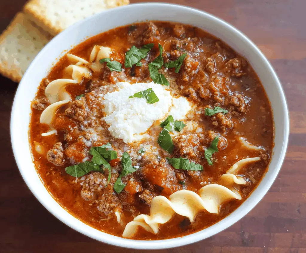Hearty stovetop ground beef lasagna soup in a bowl with melted cheese and fresh herbs, perfect for comforting Italian-inspired meals.