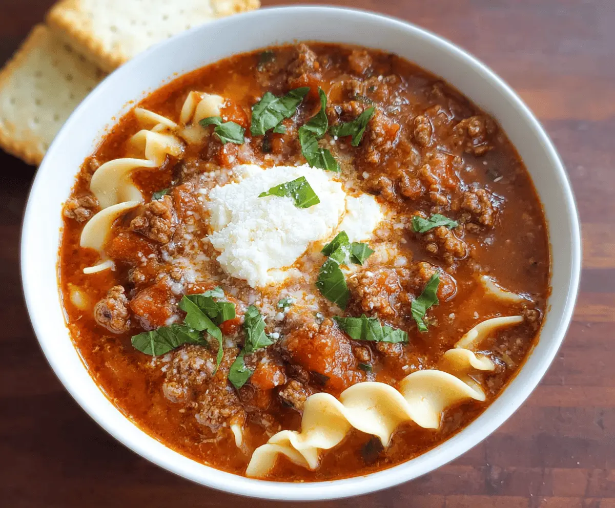 Hearty stovetop ground beef lasagna soup in a bowl with melted cheese and fresh herbs, perfect for comforting Italian-inspired meals.