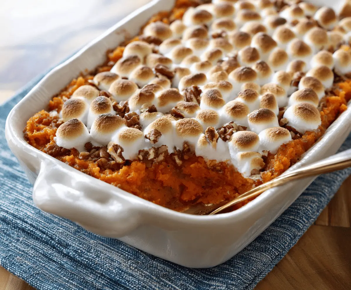 Delicious homemade sweet potato casserole topped with marshmallows and pecans, ready to serve for a comforting holiday dessert.