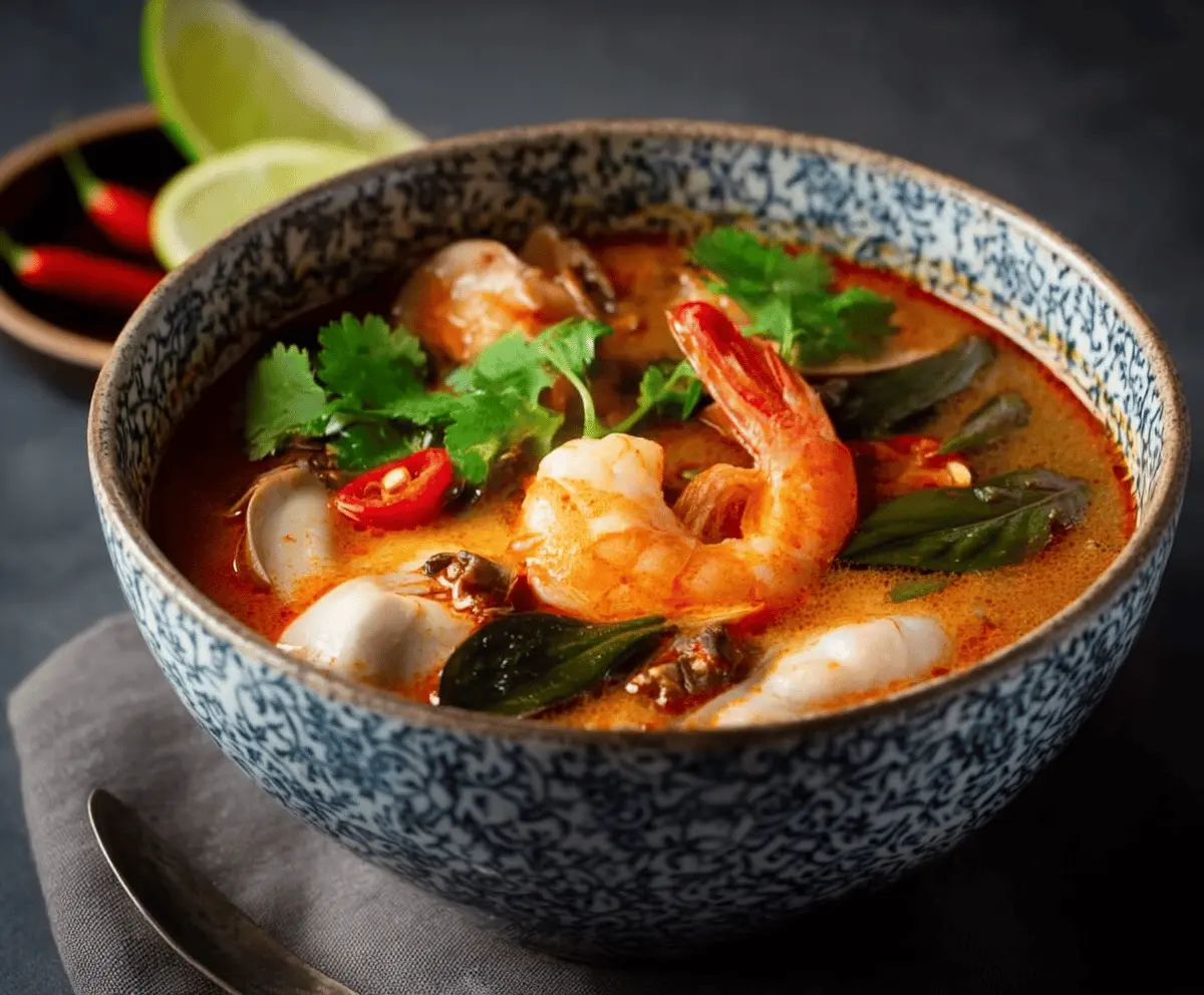 Spicy and flavorful Tom Yum Soup with shrimp, mushrooms, lemongrass, lime, and fresh herbs in a bowl