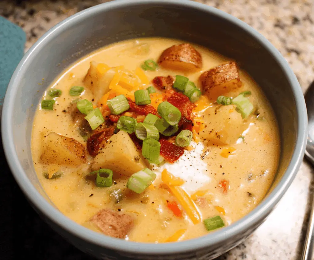Creamy vegan potato soup garnished with fresh herbs in a rustic bowl, perfect for a comforting plant-based meal.