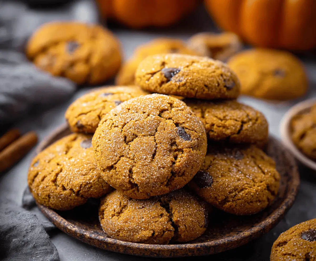 Delicious vegan pumpkin cookies on a baking sheet, perfect for fall and holiday treats.