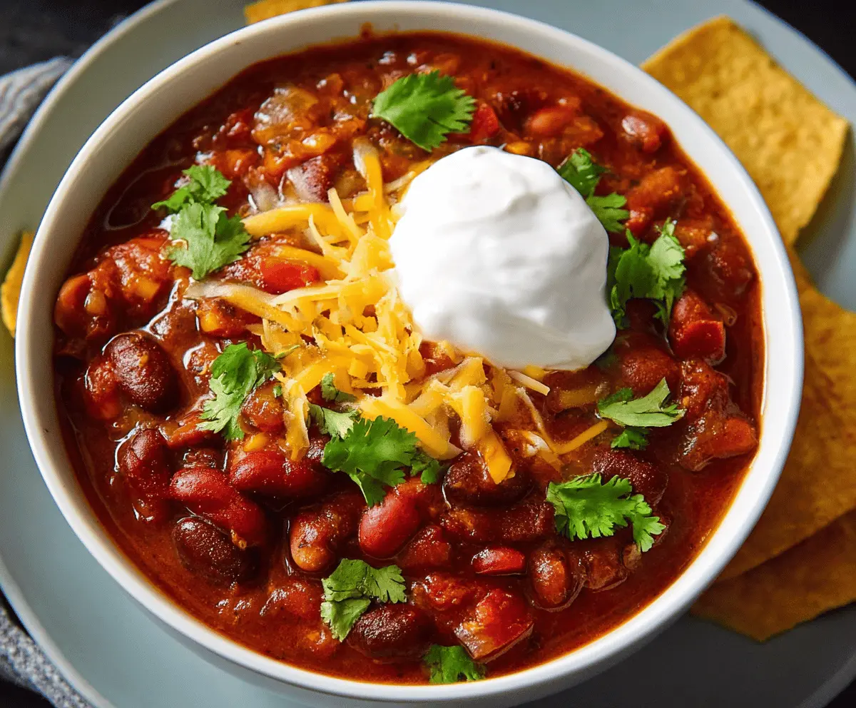 Colorful bowl of hearty vegetarian chili with beans, vegetables, and spices served with fresh toppings on a rustic wooden table.
