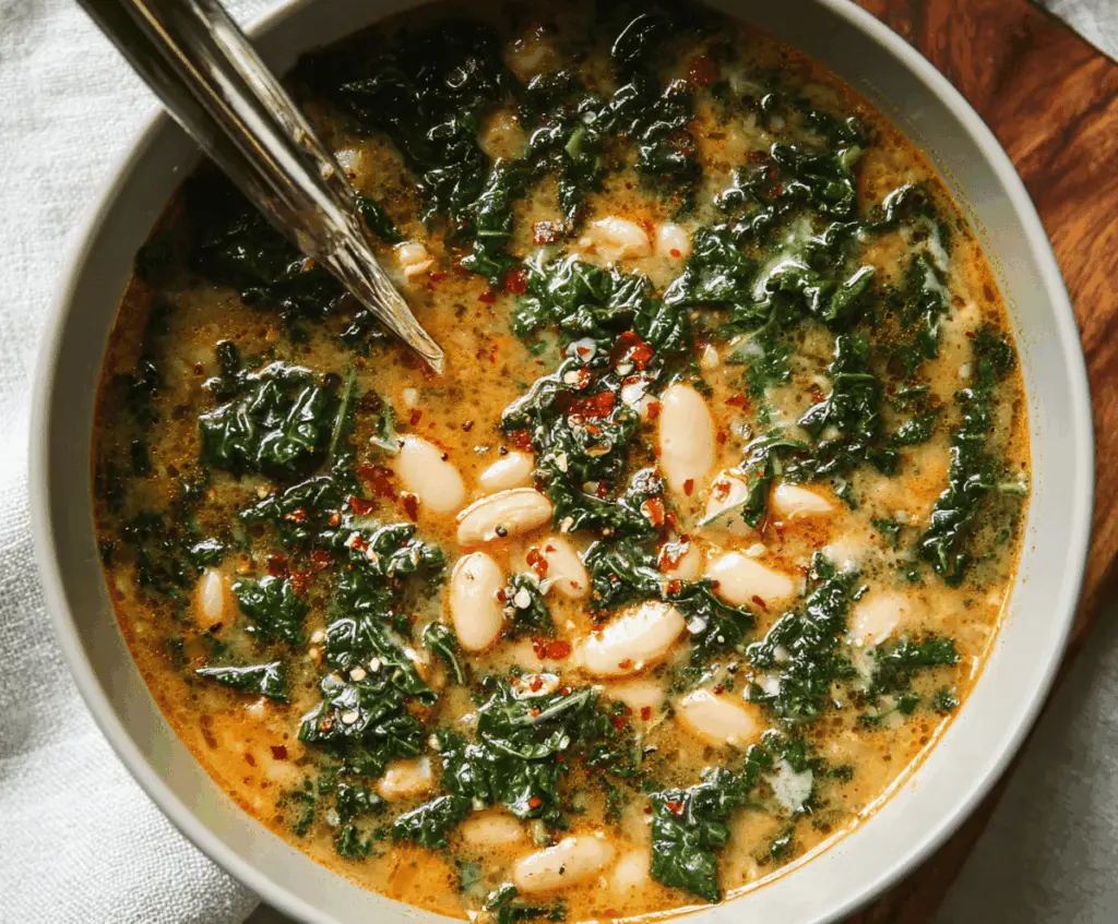 A bowl of hearty white bean and kale soup garnished with fresh herbs, showcasing a comforting, healthy meal with white beans, vibrant kale, and colorful vegetables.