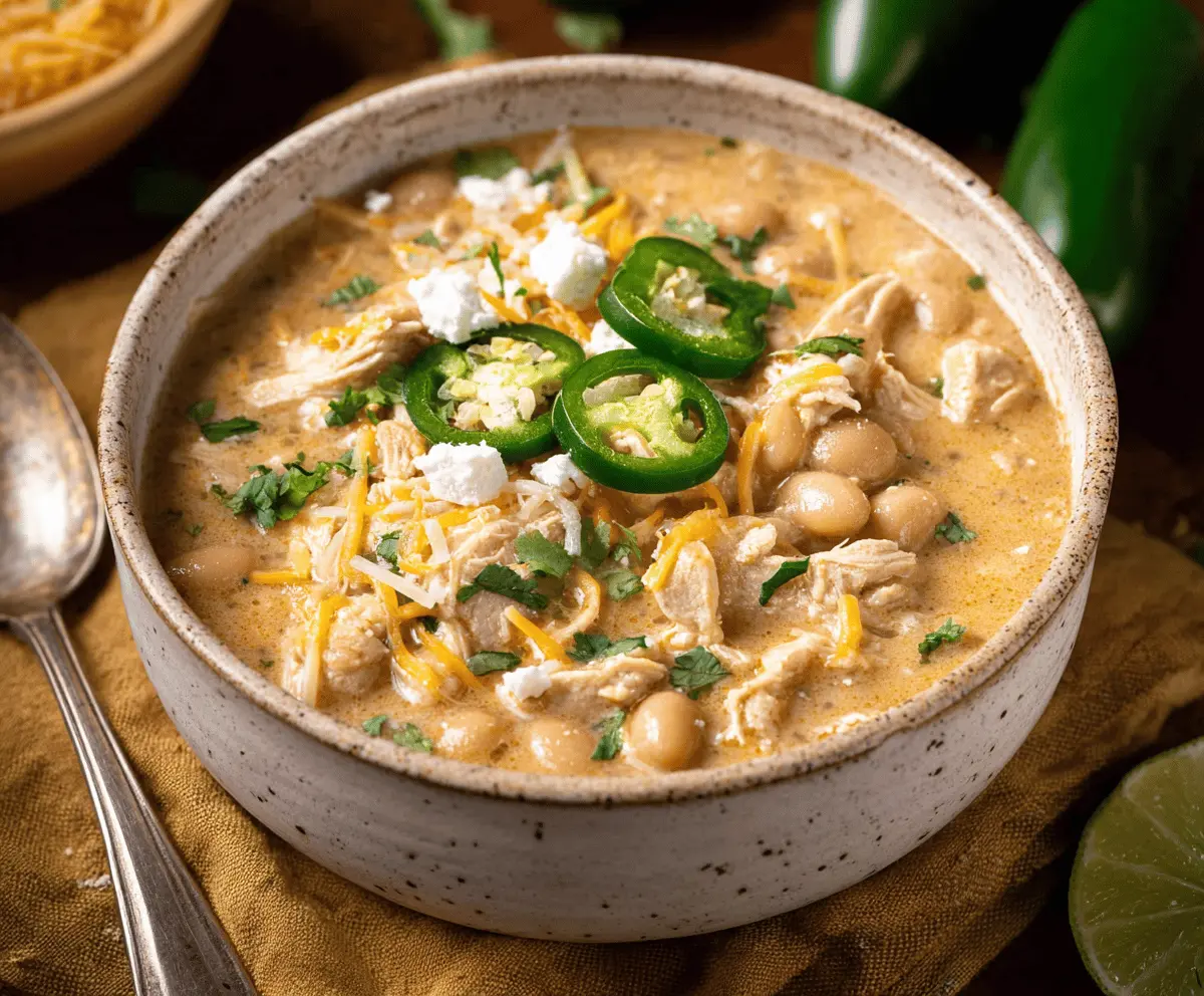 Creamy white chicken chili in a bowl topped with fresh cilantro and shredded cheese, featuring tender chicken, white beans, and green chilies for a comforting and flavorful meal.