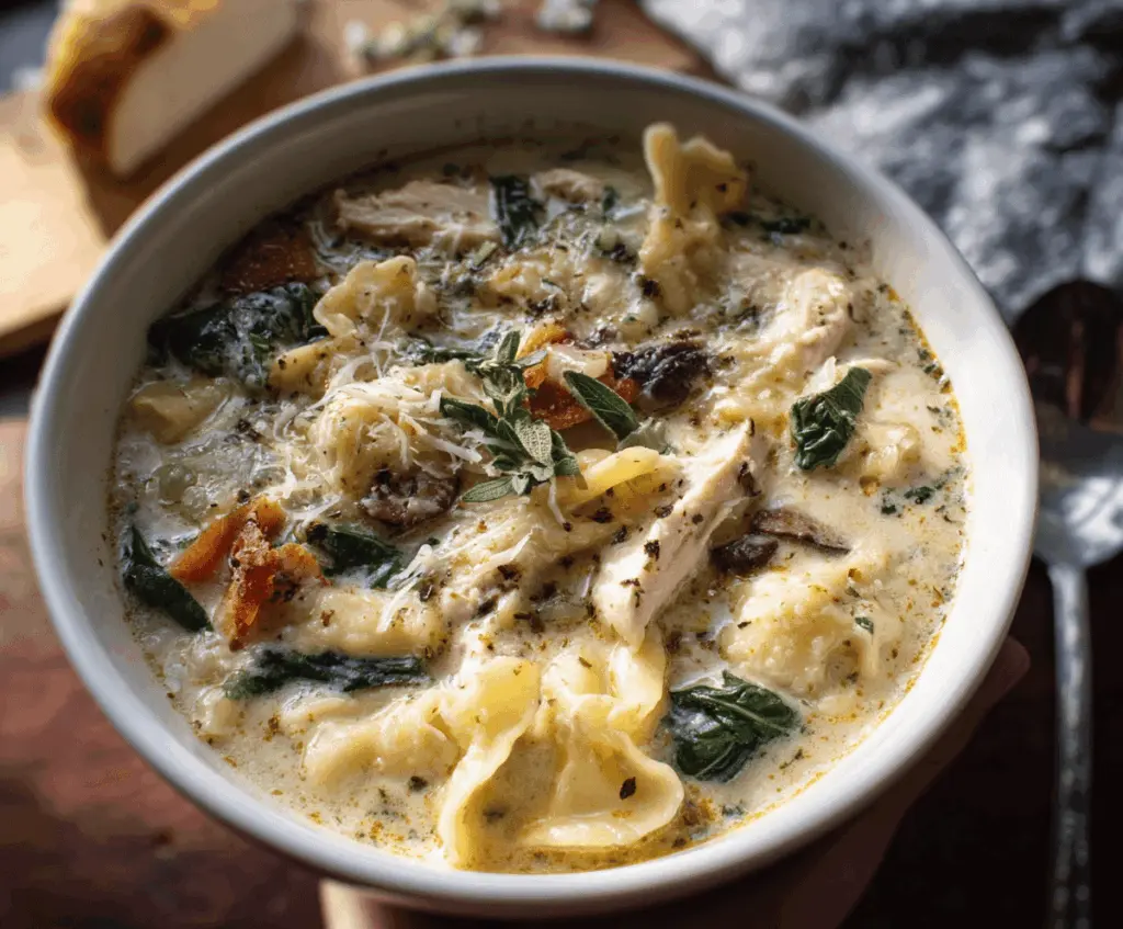 Creamy white chicken lasagna soup with shredded chicken, melted cheese, and herbs in a bowl, perfect for cozy comfort meals.