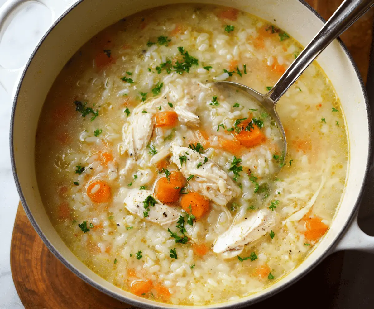 Creamy white chicken rice soup in a bowl with tender shredded chicken, fluffy rice, and fresh herbs, served hot for a comforting meal.