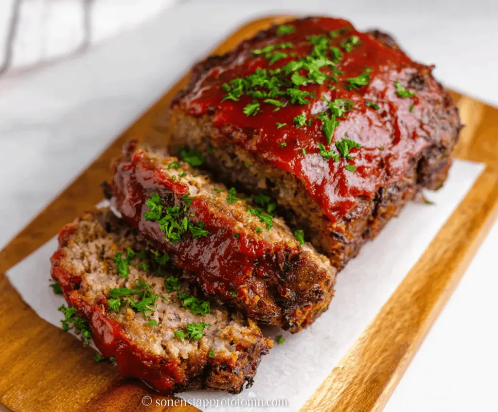 Delicious homemade air fryer meatloaf served on a plate with vegetables, showcasing a juicy, flavorful, and perfectly cooked meal