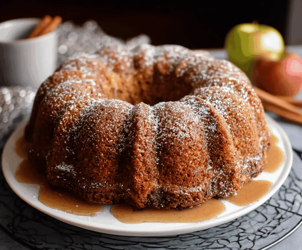 Delicious homemade apple cider Bundt cake with a golden brown crust and apple slices, perfect for fall desserts.