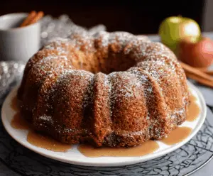 Delicious homemade apple cider Bundt cake with a golden brown crust and apple slices, perfect for fall desserts.