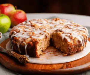 Delicious homemade Apple Fritter Cake topped with cinnamon sugar glaze, featuring fresh apple slices and a moist golden crumb, perfect for fall desserts.