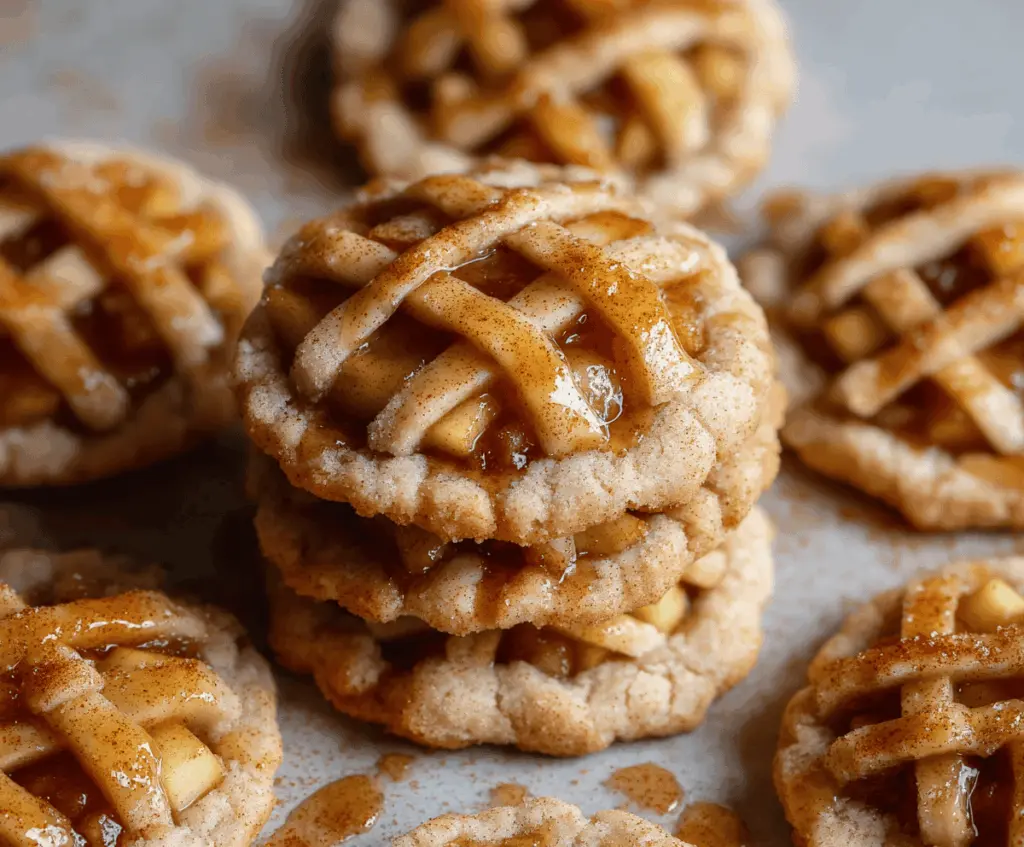 Delicious homemade apple pie cookies with golden crust and cinnamon-spiced apple filling on a rustic wooden table