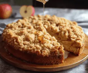 Delicious homemade apple streusel cake with golden crust, topped with cinnamon-spiced apple slices and crunchy streusel topping, perfect for dessert or afternoon tea