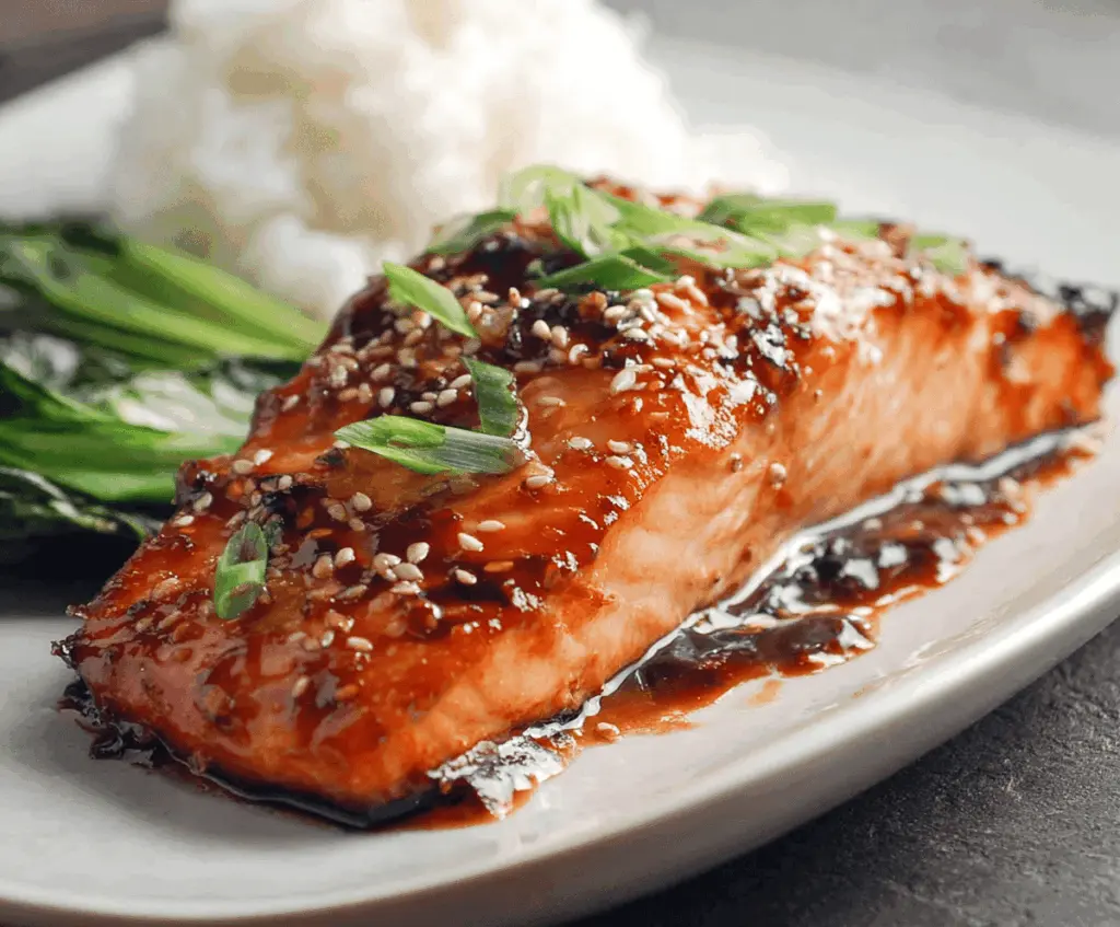 Delicious Asian glazed salmon fillet topped with sesame seeds and fresh herbs, served with steamed vegetables on a white plate.