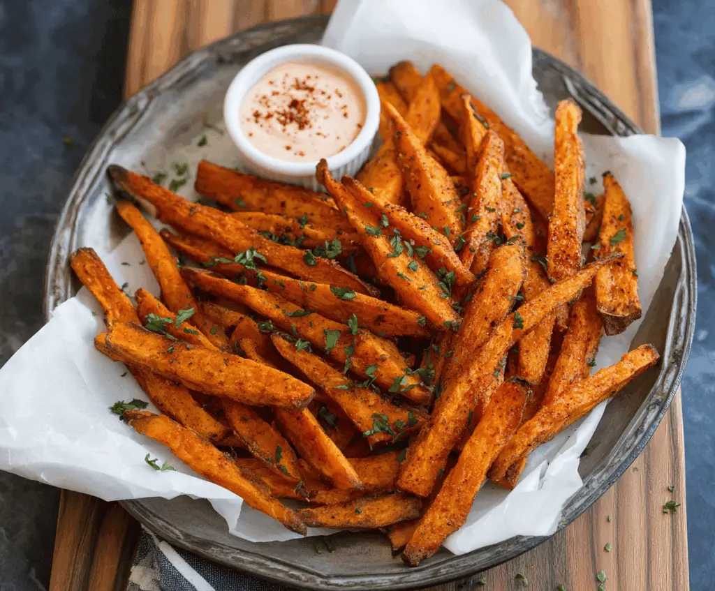 Golden baked sweet potato fries served with dipping sauce on a rustic wooden plate, perfect for a healthy snack or side dish.