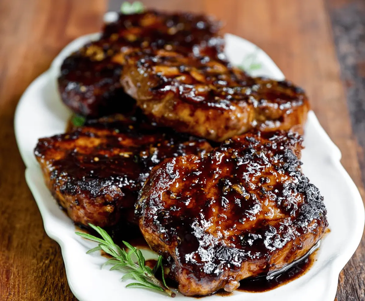 Juicy pork chops glazed with rich balsamic vinegar served on a plate.