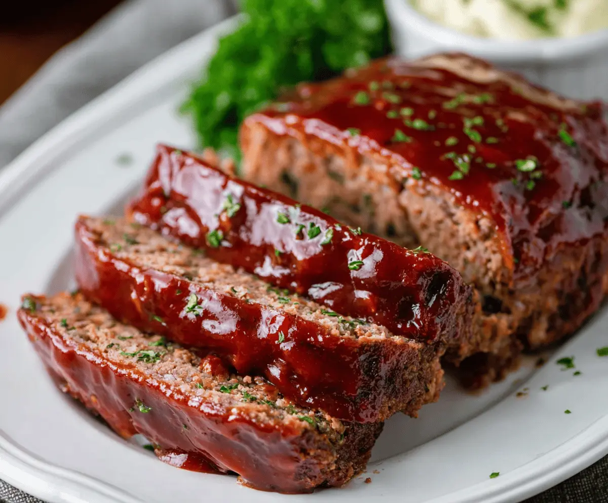 Juicy BBQ glazed meatloaf topped with smoky barbecue sauce and fresh herbs on a rustic wooden platter
