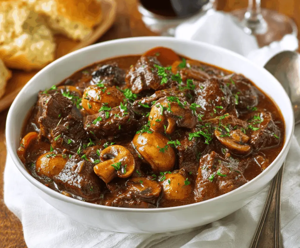 Hearty beef stew with tender beef chunks and sliced mushrooms in a rich, savory broth, served in a rustic bowl.