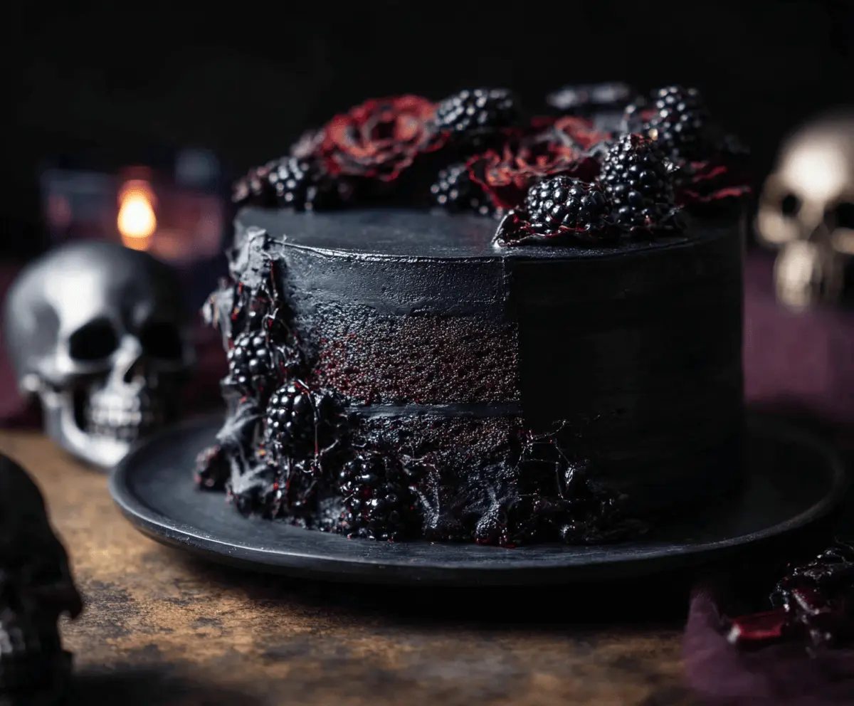 Rich Black Velvet Halloween Cake with spooky decorations and vibrant orange frosting, perfect for Halloween celebrations.