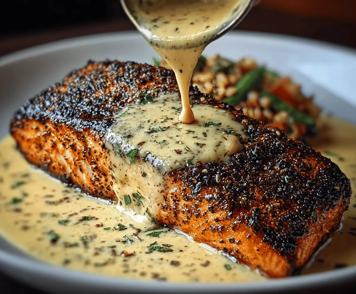 Delicious blackened salmon fillet topped with creamy Dijon sauce served on a white plate with fresh herbs
