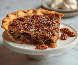 Delicious homemade Bourbon Pecan Pie topped with caramelized pecans and a golden crust, perfect for dessert or holiday gatherings.
