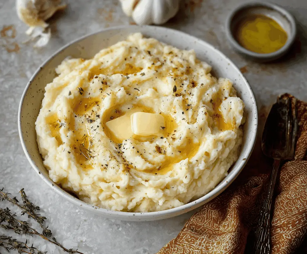 Creamy brown butter garlic mashed potatoes served in a rustic bowl with fresh herbs.