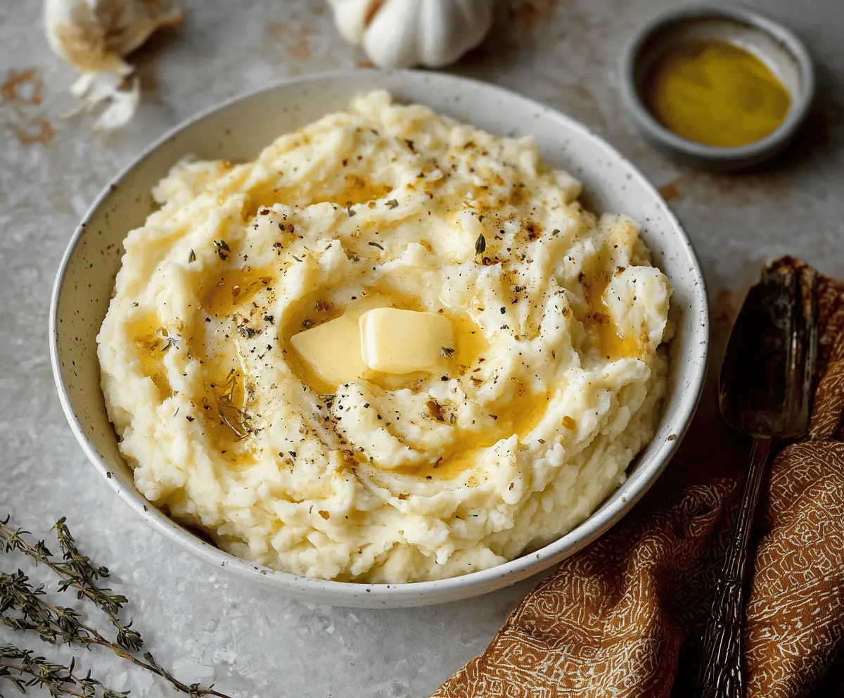 Creamy brown butter garlic mashed potatoes served in a rustic bowl with fresh herbs.