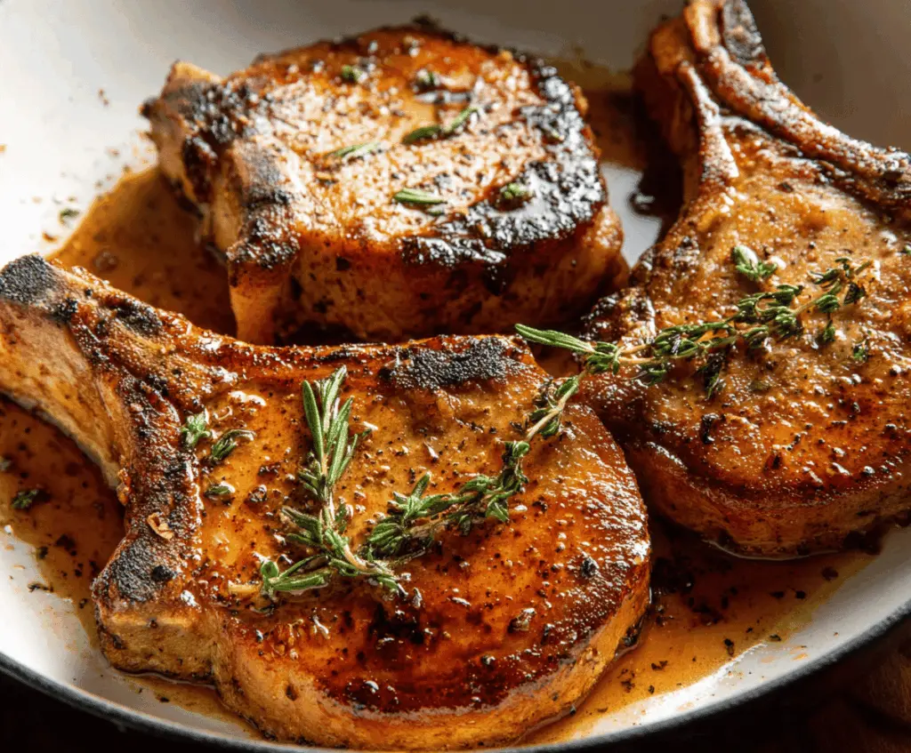 Juicy brown sugar glazed pork chops served with fresh herbs on a rustic wooden plate