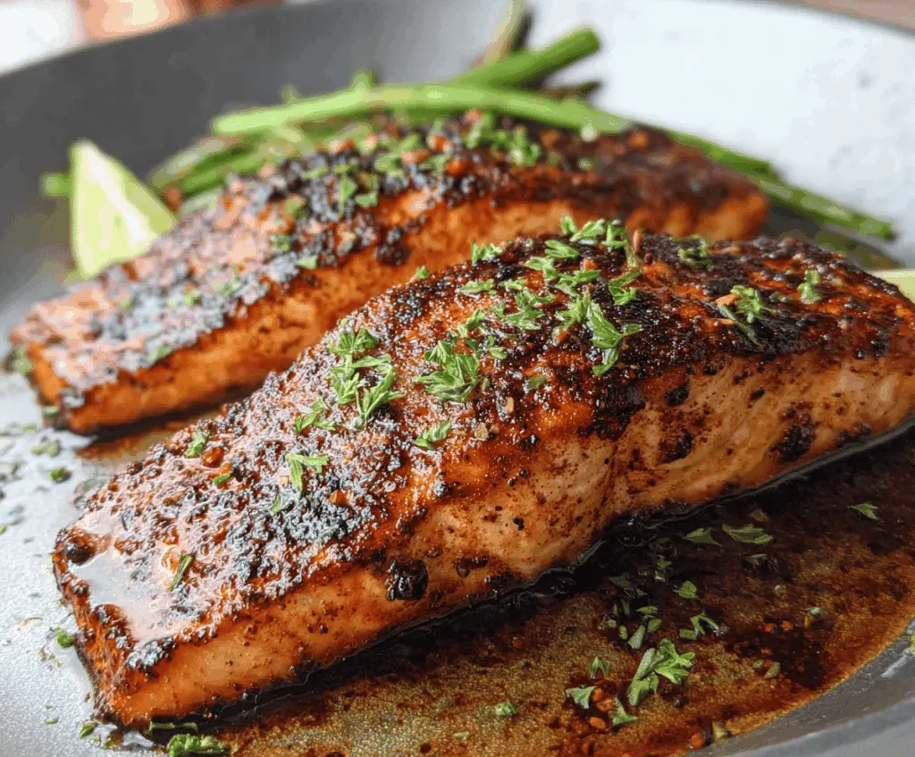 Delicious Cajun Honey Butter Salmon fillet topped with spices and honey glaze on a rustic plate, ready to serve
