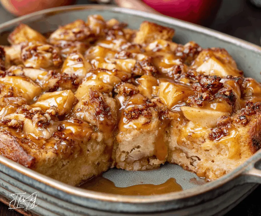 Delicious caramel apple bread pudding topped with caramel sauce and whipped cream, featuring tender bread, fresh apples, and a sweet cinnamon flavor.