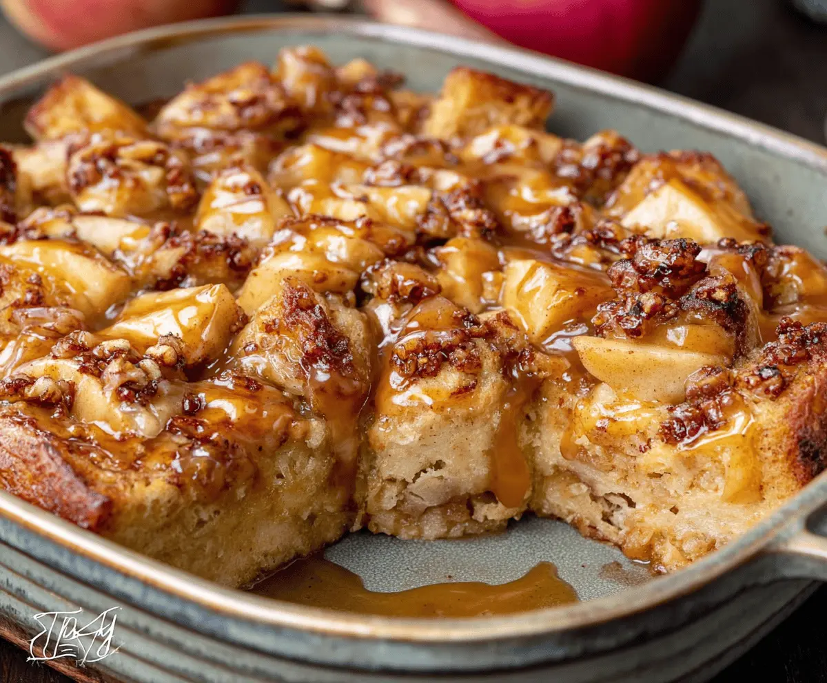 Delicious caramel apple bread pudding topped with caramel sauce and whipped cream, featuring tender bread, fresh apples, and a sweet cinnamon flavor.