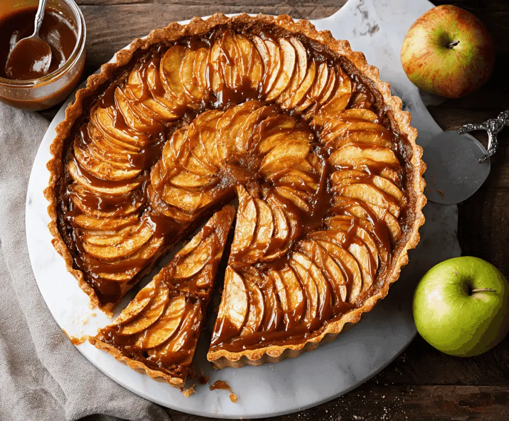 Delicious caramel apple tart topped with sliced fresh apples and caramel drizzle on a rustic wooden table.