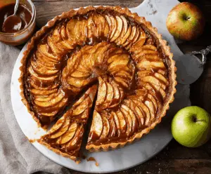 Delicious caramel apple tart topped with sliced fresh apples and caramel drizzle on a rustic wooden table.