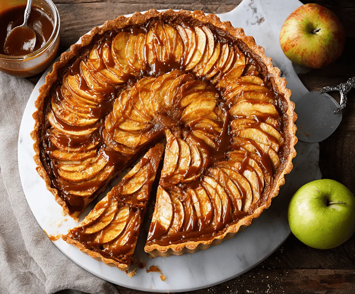Delicious caramel apple tart topped with sliced fresh apples and caramel drizzle on a rustic wooden table.