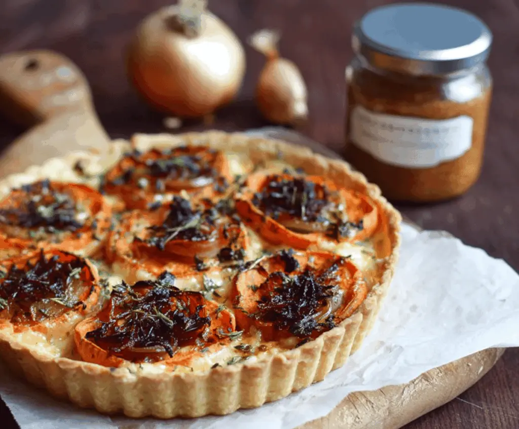 Delicious caramelized onion and sweet potato tart on a rustic wooden table, showcasing a perfectly baked flaky crust and vibrant toppings.