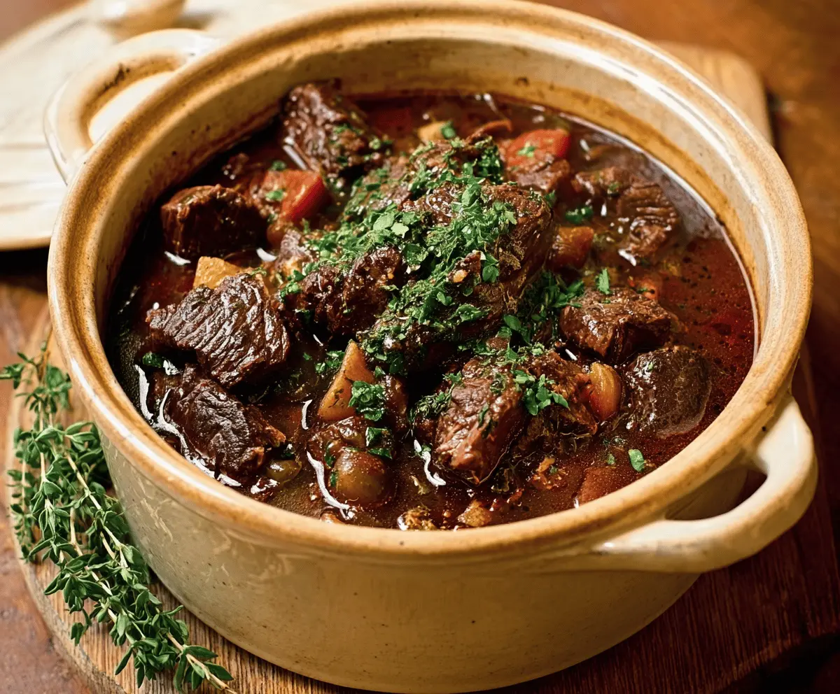 Delicious Carbonnade Flamande Belgian beef stew with rich gravy and fresh herbs served in a rustic bowl