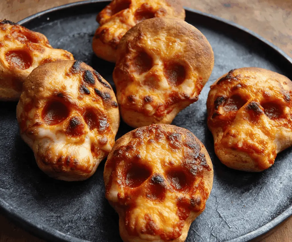 Delicious Cheesy Halloween Pizza Skulls with melted cheese, crispy crust, and spooky face designs for a festive Halloween meal.