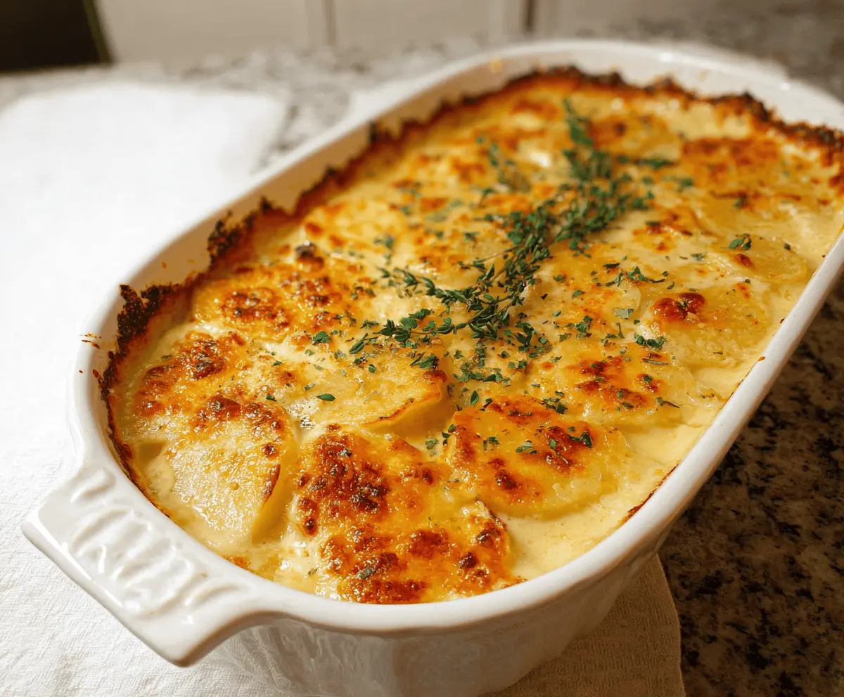 Creamy, cheesy scalloped potatoes baked to perfection with golden, bubbly cheese topping.