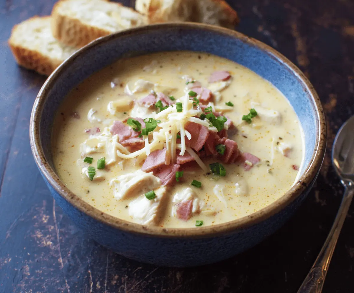 Creamy Chicken Cordon Bleu Soup with ham, cheese, and tender chicken in a savory broth, garnished with fresh herbs.