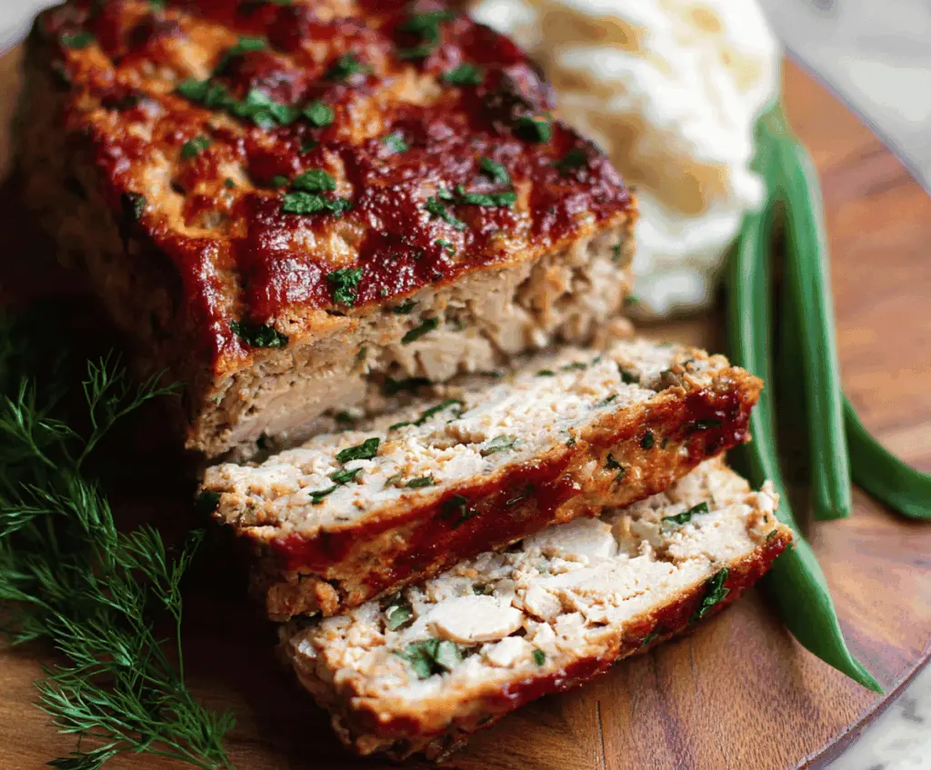 Delicious homemade chicken meatloaf served on a plate with fresh vegetables.