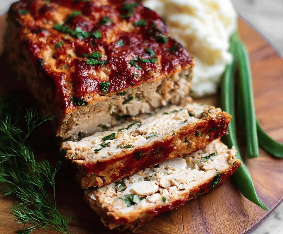 Delicious homemade chicken meatloaf served on a plate with fresh vegetables.