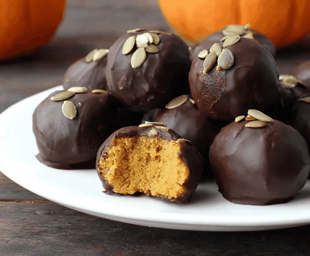 Delicious chocolate-covered pumpkin protein balls on a plate, featuring a creamy pumpkin filling coated in rich chocolate for a healthy, sweet snack