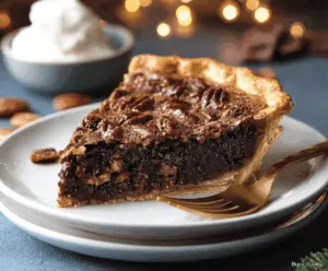 Delicious homemade chocolate pecan pie with a golden crust and rich chocolate filling, perfect for desserts.