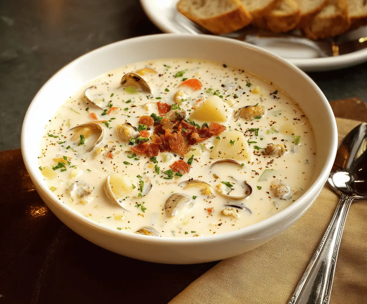 Creamy clam chowder served in a bowl with fresh herbs and crusty bread on the side, perfect for a comforting seafood meal.