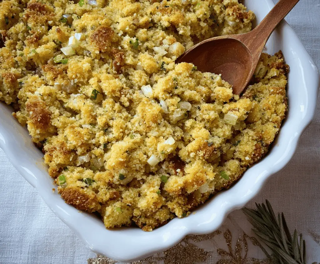 Savory cornbread dressing with herbs and spices, served as a classic holiday side dish.